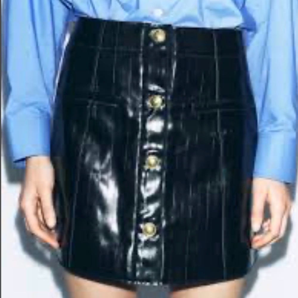 Zara Black Faux Leather Mini Skirt with Gold Buttons